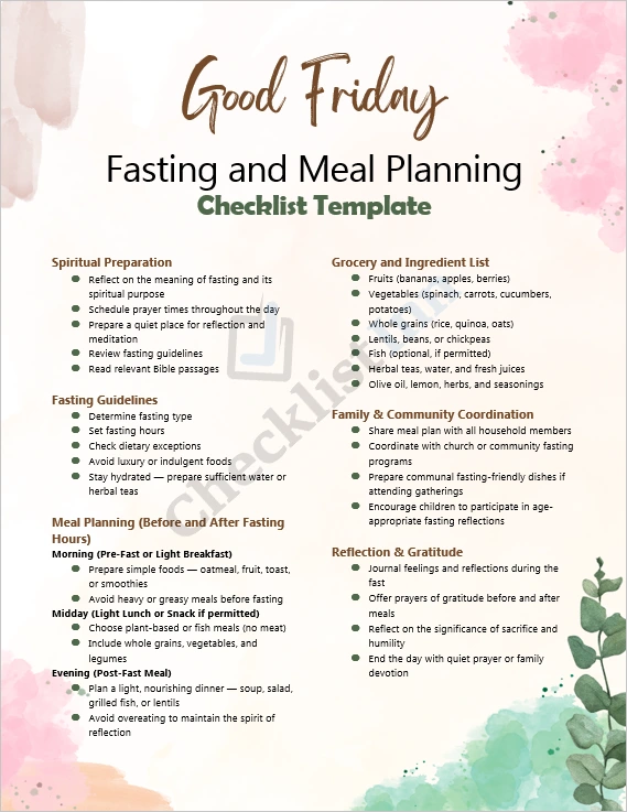 Good Friday fasting and meal planning checklist cover page showing a simple cross and meal icons with elegant design