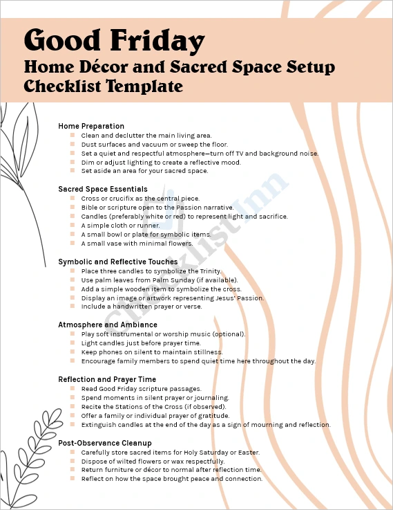 Good Friday home decor and sacred space setup checklist cover page with candles cross and calm background