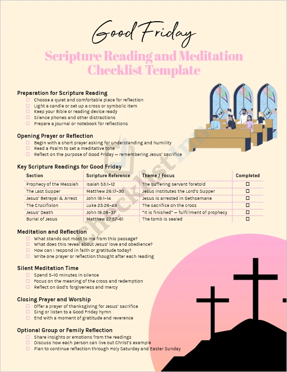 Good Friday scripture reading and meditation checklist cover page showing elegant faith inspired design with cross and bible elements