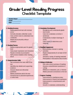 Grade level reading progress checklist cover page showing a clean professional layout for teachers