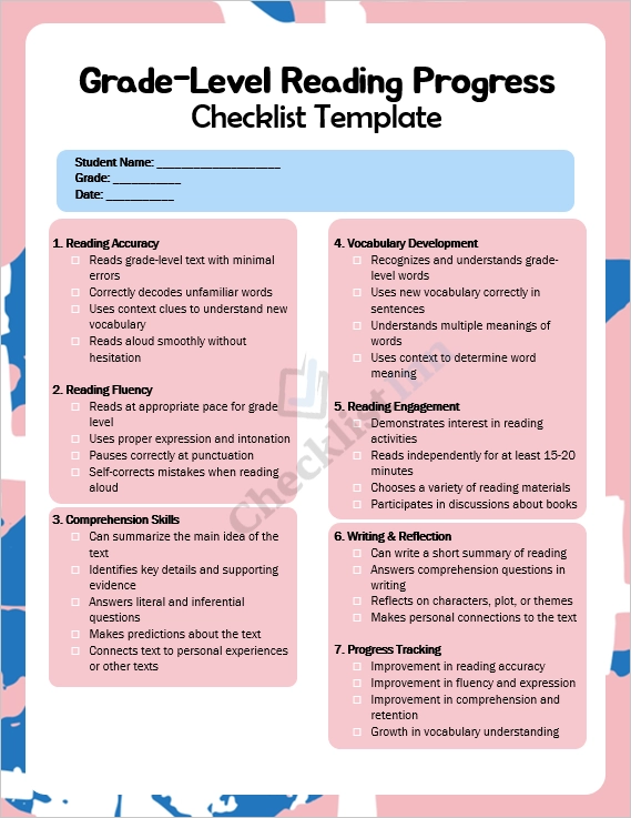 Grade level reading progress checklist cover page showing a clean professional layout for teachers