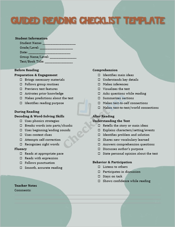 Guided Reading Checklist Template cover page showing a clean professional layout for teachers