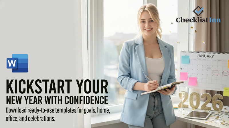 Woman checking tasks on New Year planning checklist at a bright desk — hero image for 24+ New Year Checklist Templates.