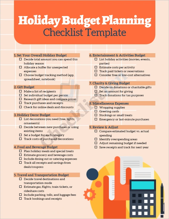 Holiday Budget Planning Checklist Cover Page showing organized table and festive icons