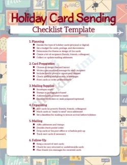 Holiday Card Sending Checklist Template cover page showing festive theme and organized sections for planning and mailing cards