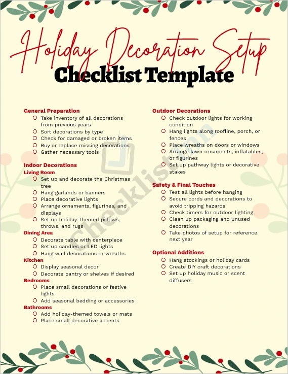 Holiday Decoration Setup Checklist Cover Page with festive ornaments and lights