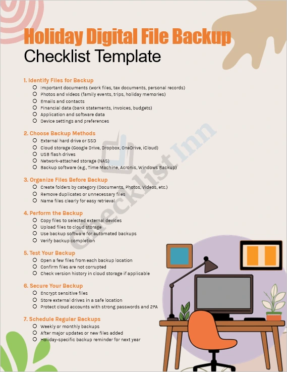Holiday digital file backup checklist template cover page showing organized folders and files on a computer screen