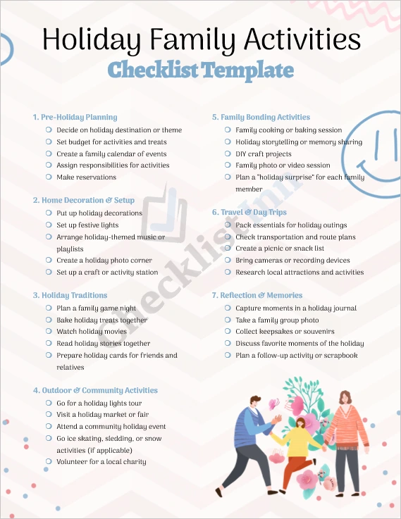 Holiday Family Activities Checklist cover page with festive decorations