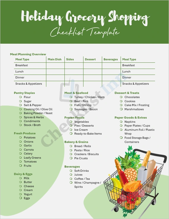 Holiday grocery shopping checklist cover page in Microsoft Word with festive layout and organized sections