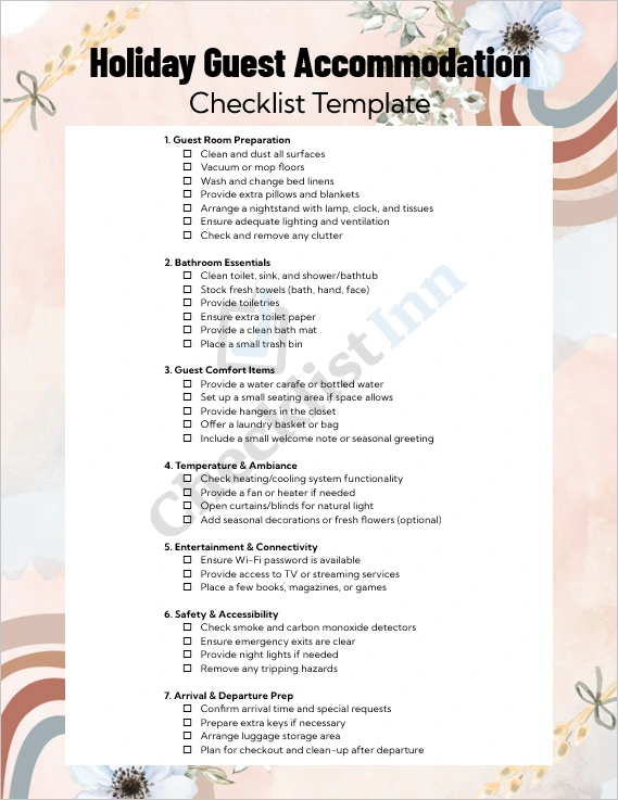 Holiday guest accommodation checklist cover page with holiday decor