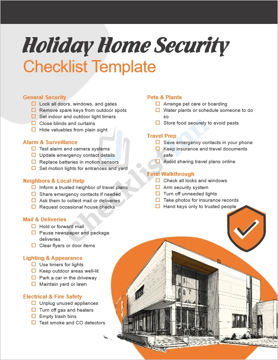 Holiday Home Security Checklist Template cover page in MS Word format