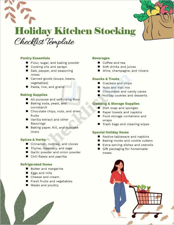 Holiday Kitchen Stocking Checklist Cover Page showing festive kitchen layout
