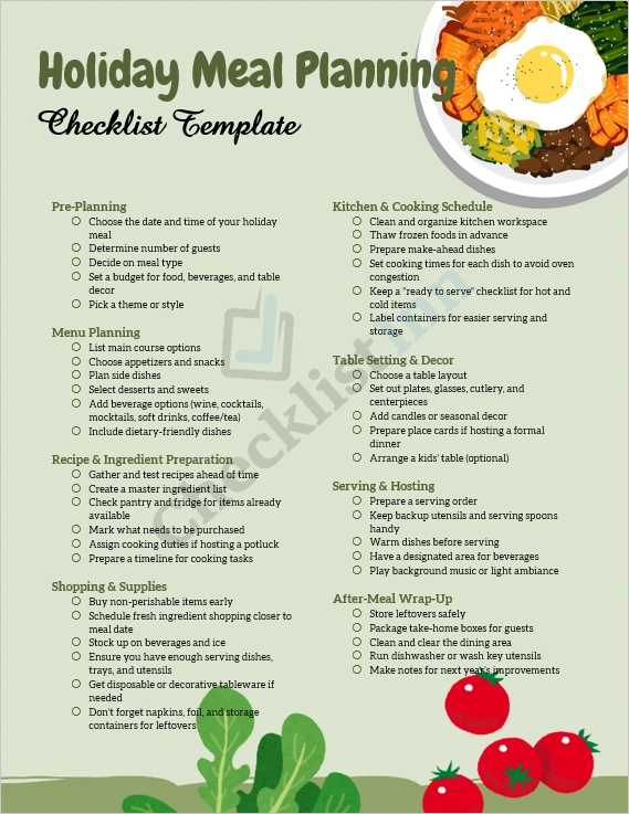 Holiday meal planning checklist template cover page showing elegant festive design and organized layout in Microsoft Word