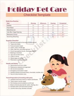 Holiday pet care checklist cover page with cute pet illustrations and festive design