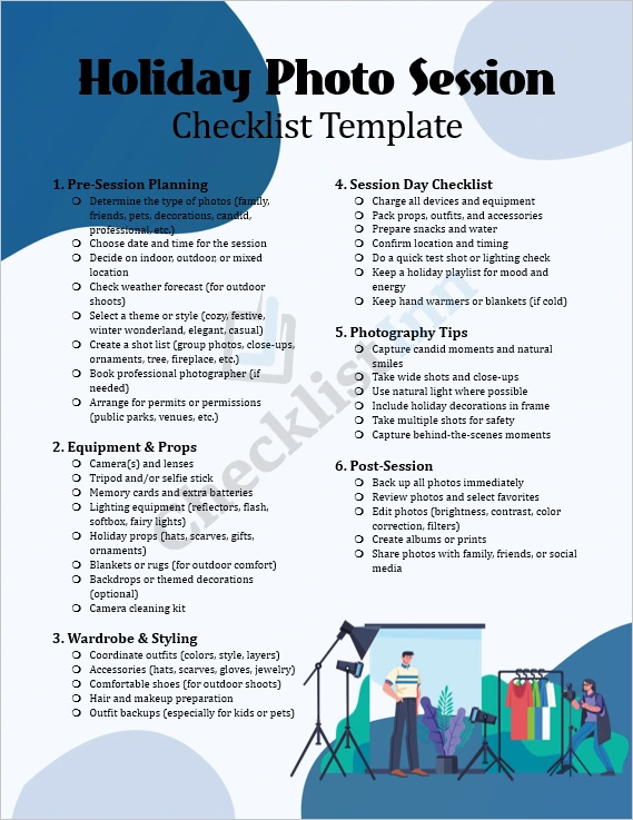 Holiday Photo Session Checklist Template cover page showing festive design and title layout