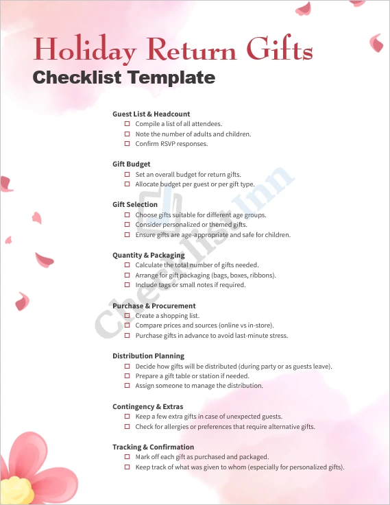 Holiday Return Gifts Checklist Cover Page showing festive design and organized layout