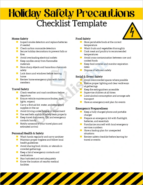 Holiday safety precautions checklist cover page with festive design and safety icons