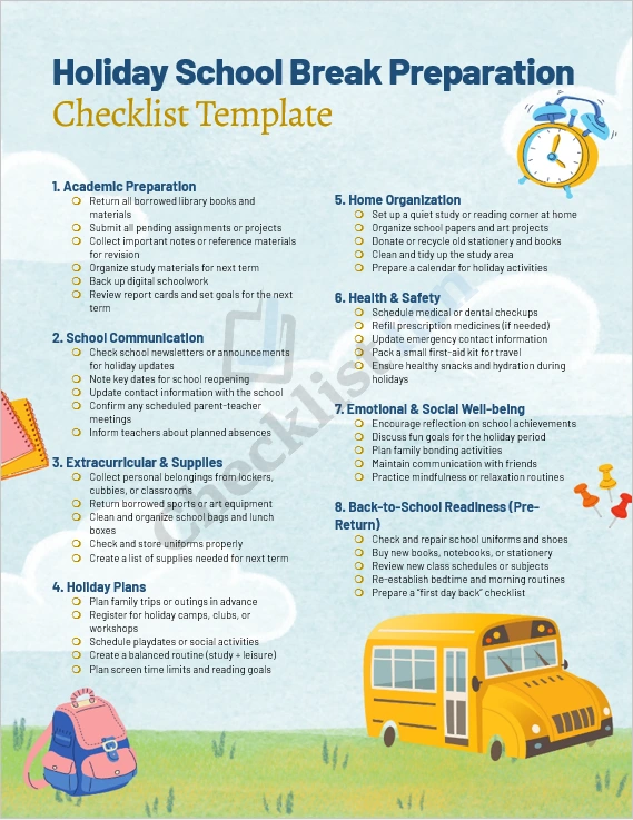 Holiday School Break Preparation Checklist Template cover page showing title design and organized layout in Microsoft Word