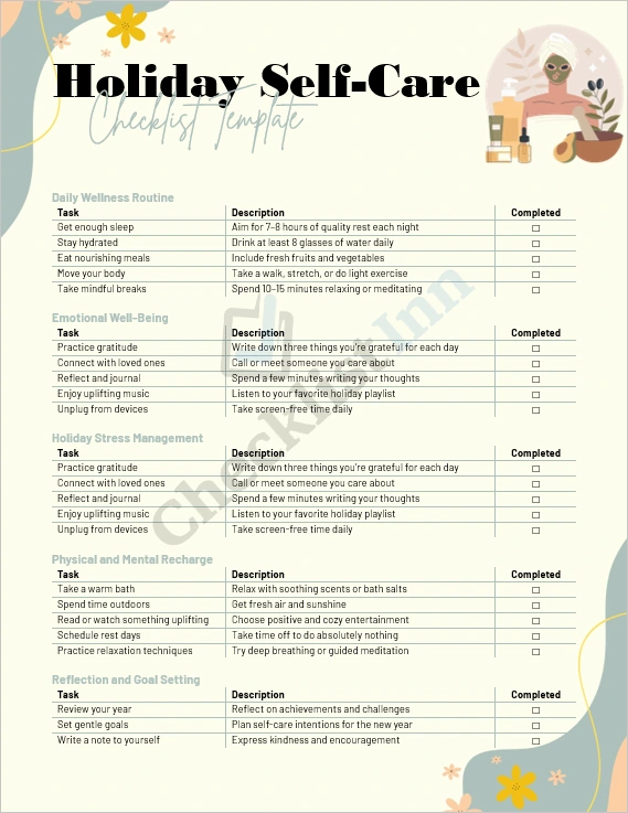 Holiday Self Care Checklist Template cover page in Microsoft Word format