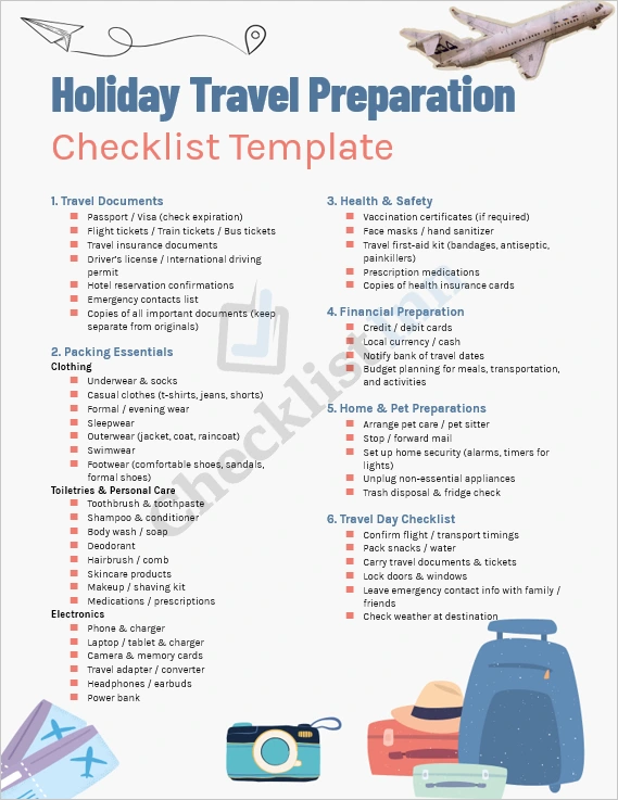 Holiday Travel Preparation Checklist cover page with travel icons and checklist title
