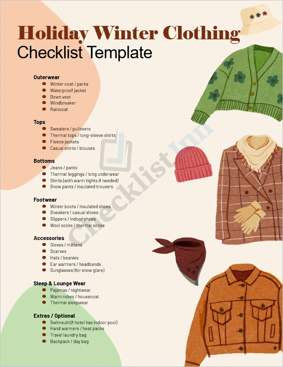 Holiday Winter Clothing Checklist cover page with snowflakes and winter icons