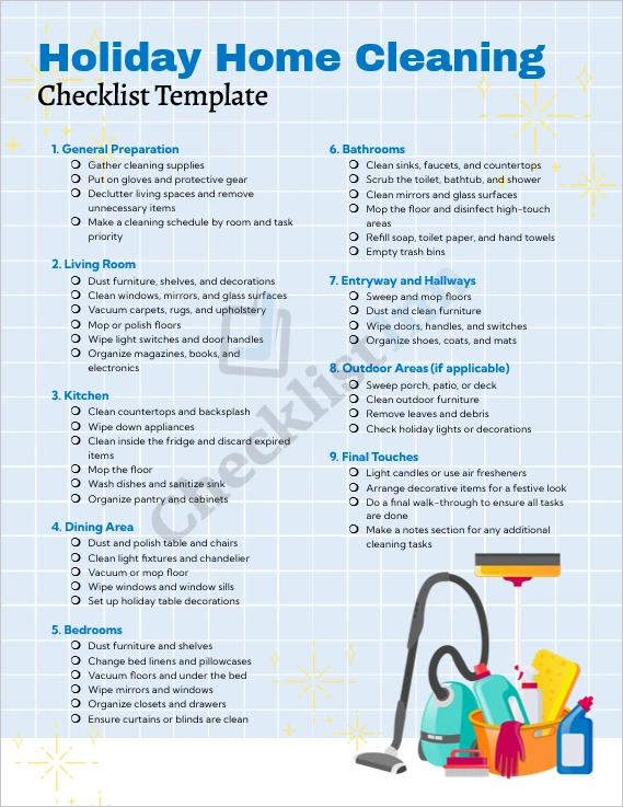 Holiday Home Cleaning Checklist cover page showing festive and clean home theme