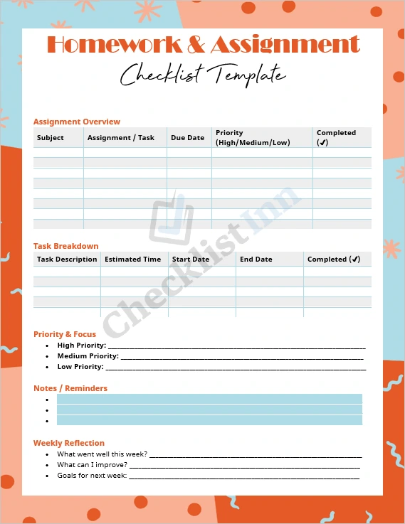 Homework and assignment checklist template cover page for students