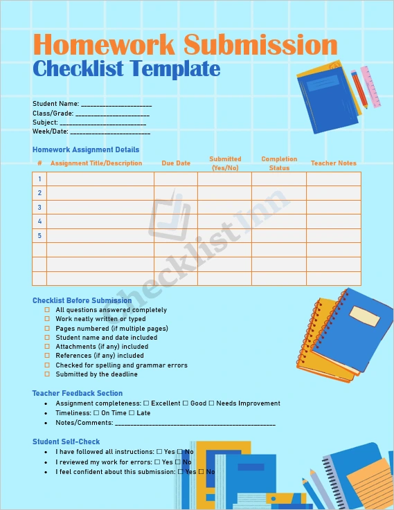 Homework Submission Checklist Template Cover Page Showing Student and Assignment Tracking Layout