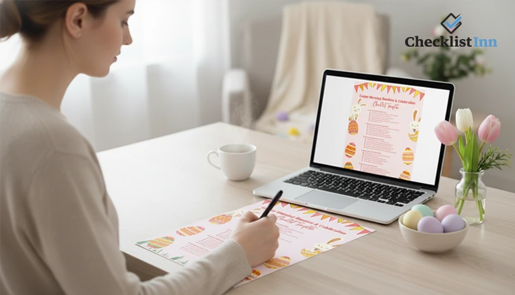 Person using an Easter checklist template at a desk with pastel decorations and flowers.