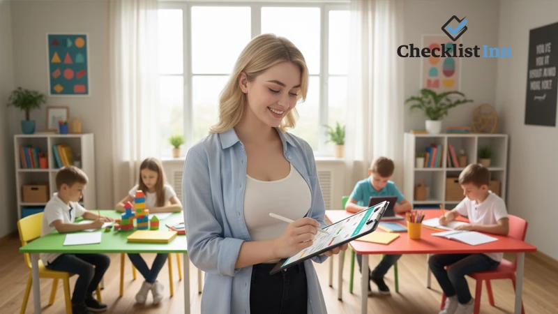 Teacher filling out a checklist while teaching or preparing a lesson