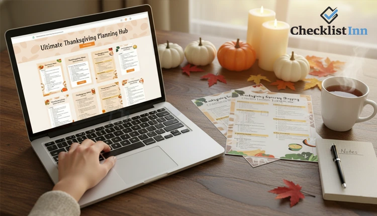 Person using laptop to browse and print Thanksgiving checklist templates in a cozy autumn-themed workspace