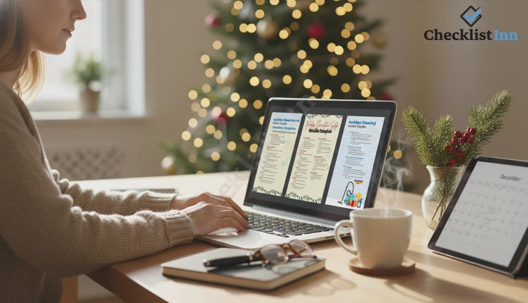 Person organizing holiday plans at a realistic desk using checklist templates with space for cover pages, surrounded by subtle holiday decorations.