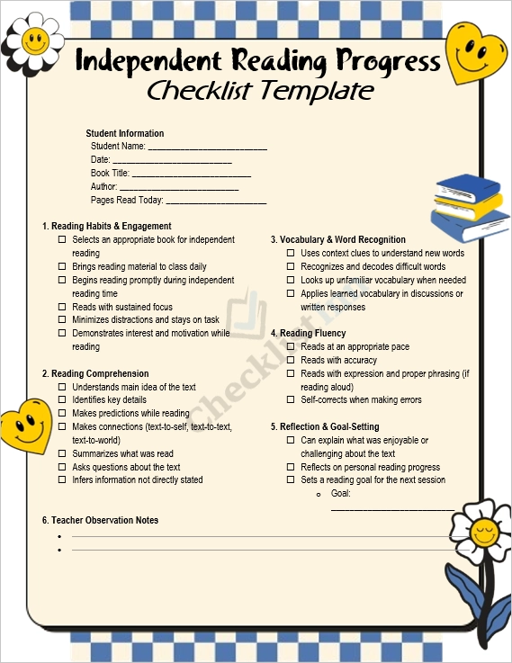 Independent Reading Progress Checklist cover page showing the title and clean minimal layout