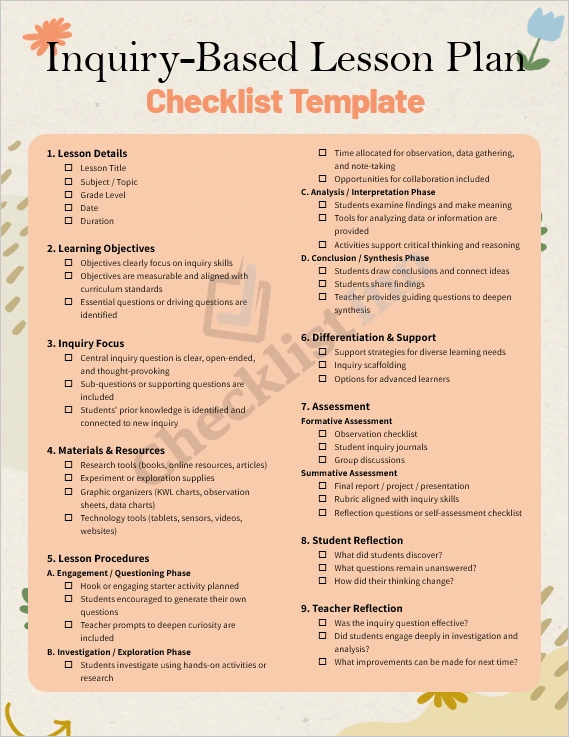 Inquiry based lesson plan checklist template cover page showing a clean editable layout for teachers