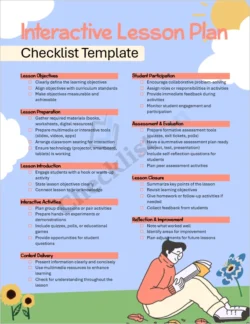 Interactive Lesson Plan Checklist Template cover page in MS Word format showing professional layout for teachers