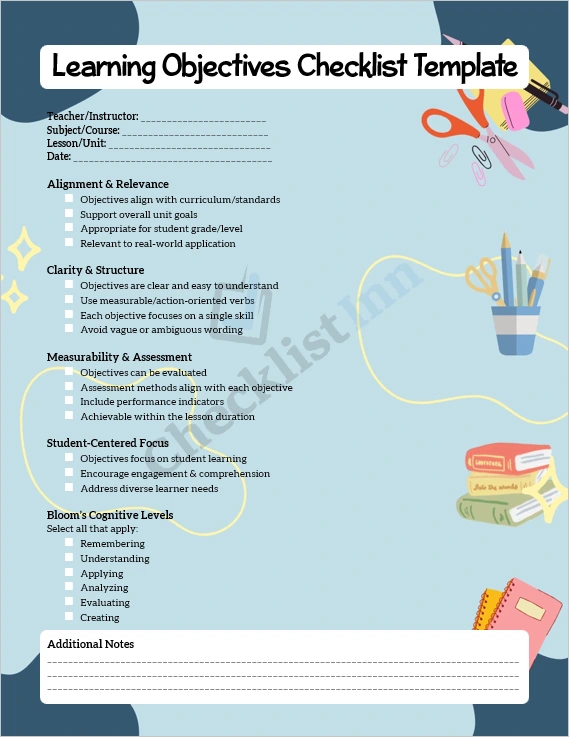 Learning Objectives Checklist Template Cover Page