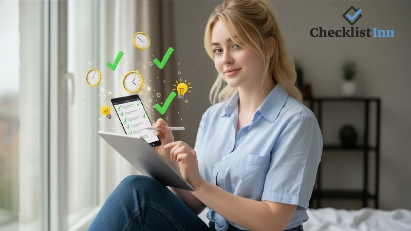 Teacher marking completed checklist items with icons floating around