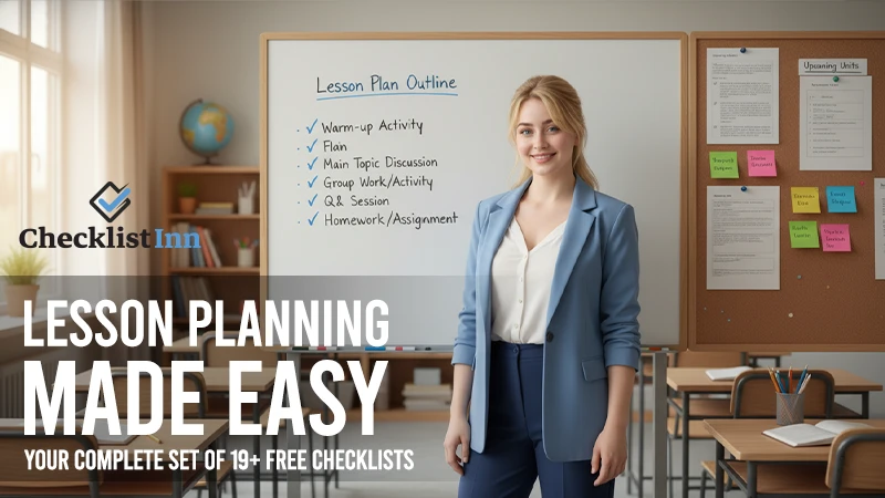 Teacher planning lessons at a workspace with checklists, books, and classroom visuals