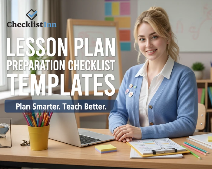 Female teacher smiling at desk with lesson plan checklists and classroom elements