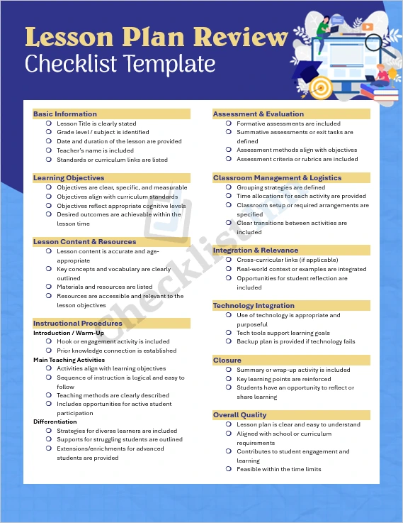 Cover page of the lesson plan review checklist template in Microsoft Word format