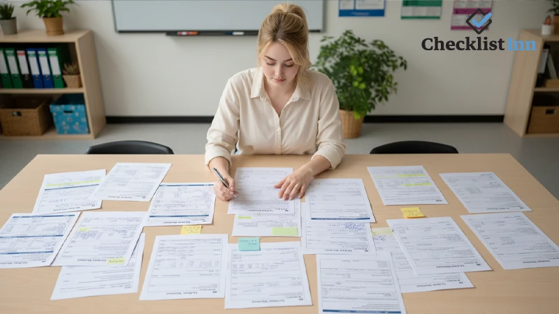 Teacher reviewing multiple lesson plan template pages on a desk