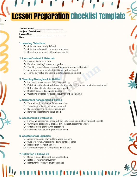 Lesson Preparation Checklist template cover page for teachers