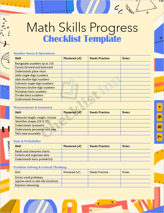 Math Skills Progress Checklist Template Cover Page