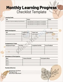 Monthly Learning Progress Checklist cover page showing title and colorful design