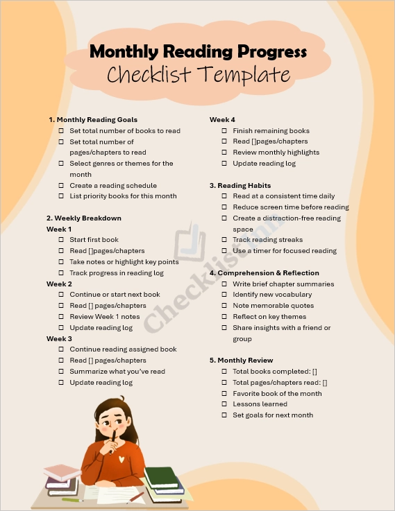 Monthly Reading Progress Checklist cover page showing a clean organized reading tracker layout