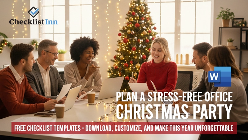 Team planning an office Christmas party using checklists in a decorated workplace with festive lights.