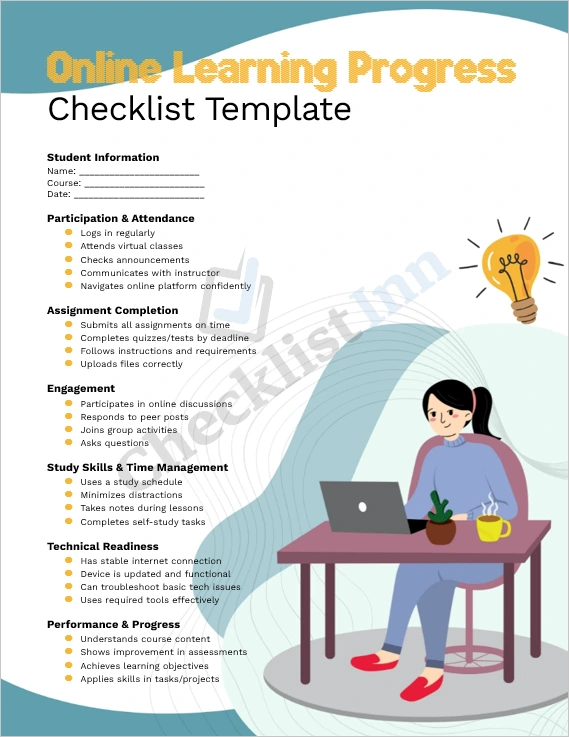 Online Learning Progress Checklist template cover page showing title and clean design