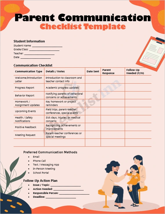 Parent Communication Checklist Template cover page with organized layout designed for teachers