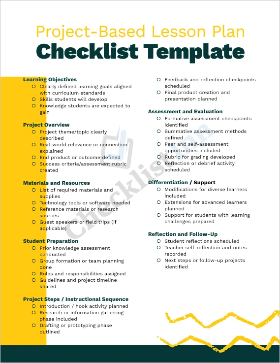Project based lesson plan checklist template cover page showing professional design and layout