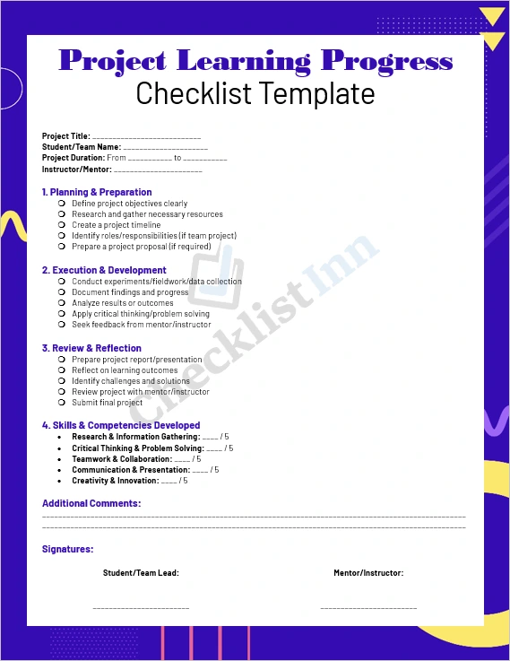 Project Learning Progress Checklist Template Cover Page